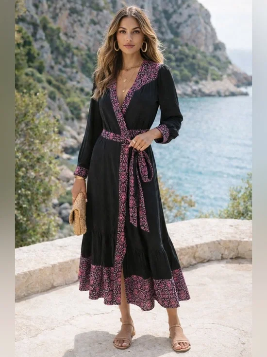 Allison New York Madison Full Wrap Black & Purple Maxi Dress Size Medium - Picture 4 of 9